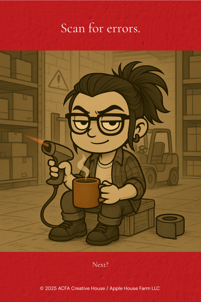 Illustrated scene of a woman seated on a crate in a warehouse holding a heat gun in one hand and a steaming coffee mug in the other, with duct tape on the floor nearby, overlaid with the text “Scan for errors. Next?” — ACFA Creative House