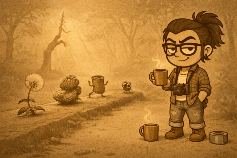Single-panel comic illustration of Porch with camera and coffee standing on a wooded path observing small animated objects arranged like a runway scene — ACFA Creative House