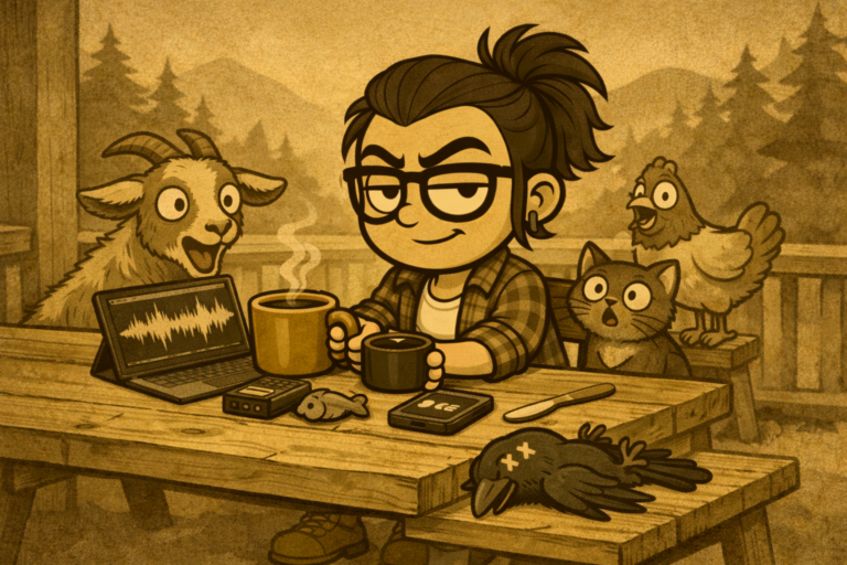 Single-panel comic illustration of a porch figure holding a mug at a wooden table with audio equipment and a laptop showing a waveform, a goat peering from behind, a raccoon watching from the corner, and a lifeless bird on the table, sepia-toned scene — ACFA Creative House